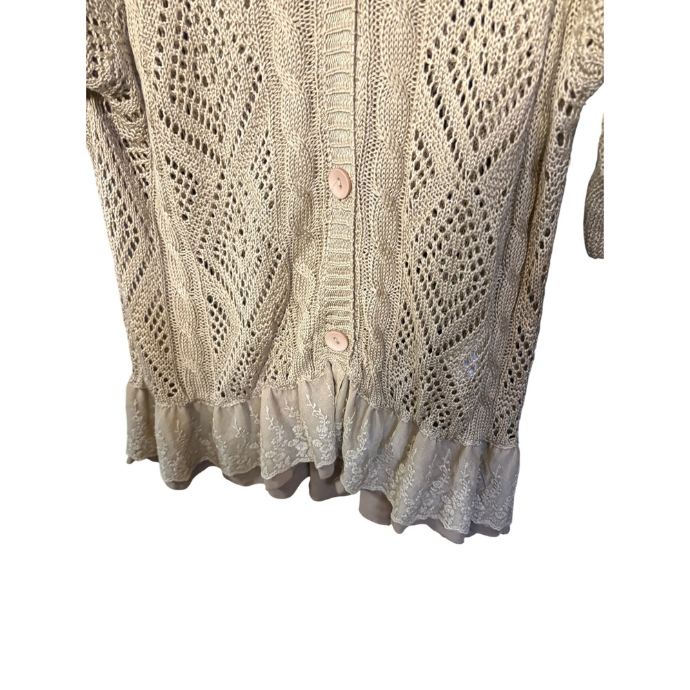 A'reve Tan Crochet Lace Trim Cardigan Sweater Bohemian Pointelle Knit Tan M/L - Picture 4 of 5
